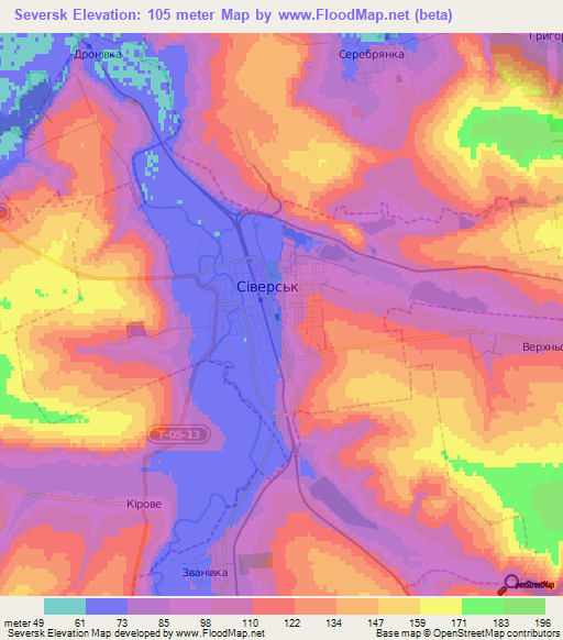 Seversk,Ukraine Elevation Map
