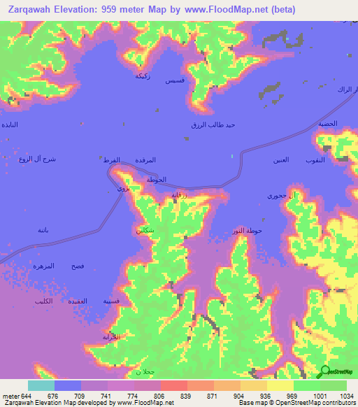 Zarqawah,Yemen Elevation Map