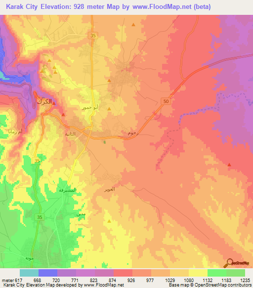 Karak City,Jordan Elevation Map