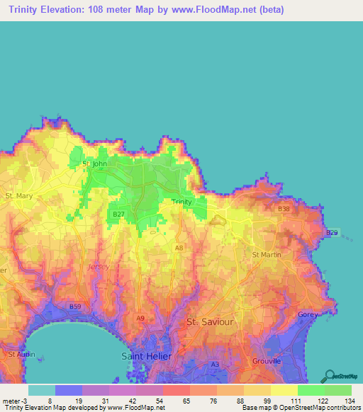 Trinity,Jersey Elevation Map