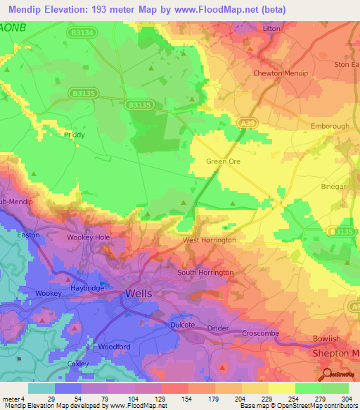 Mendip,UK Elevation Map
