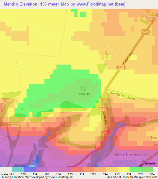Mendip,UK Elevation Map