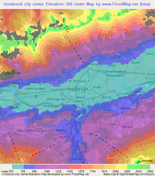 Innsbruck city center,Austria Elevation Map