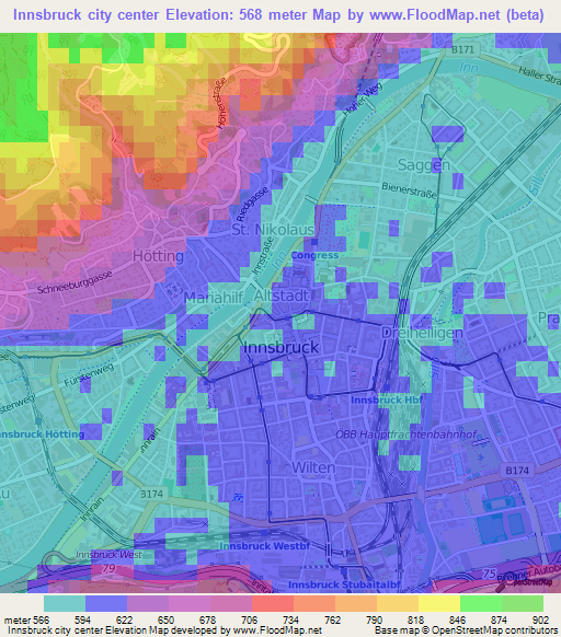 Innsbruck city center,Austria Elevation Map