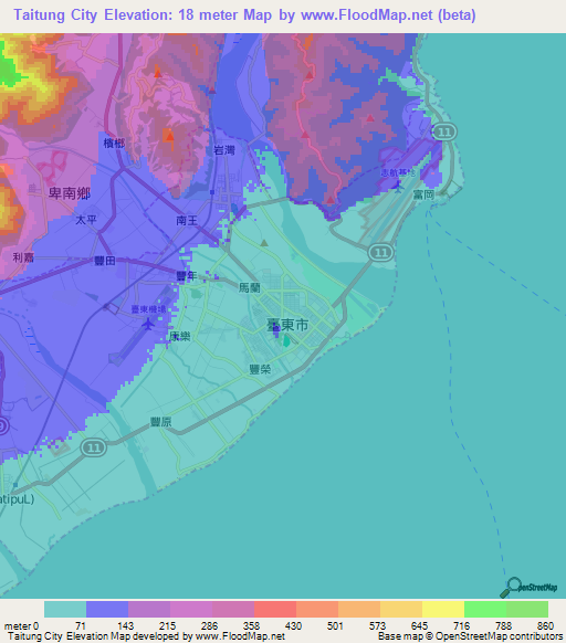 Taitung City,Taiwan Elevation Map
