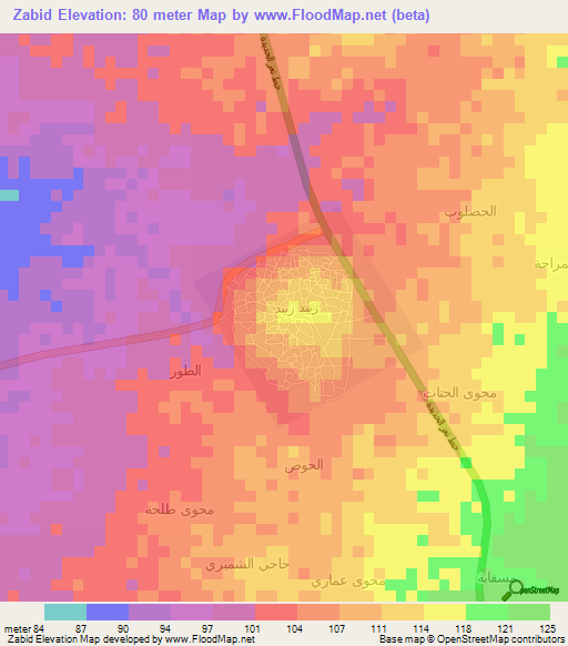 Zabid,Yemen Elevation Map
