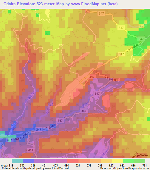 Odaira,Japan Elevation Map