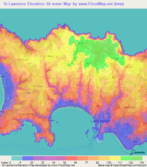 St Lawrence,Jersey Elevation Map