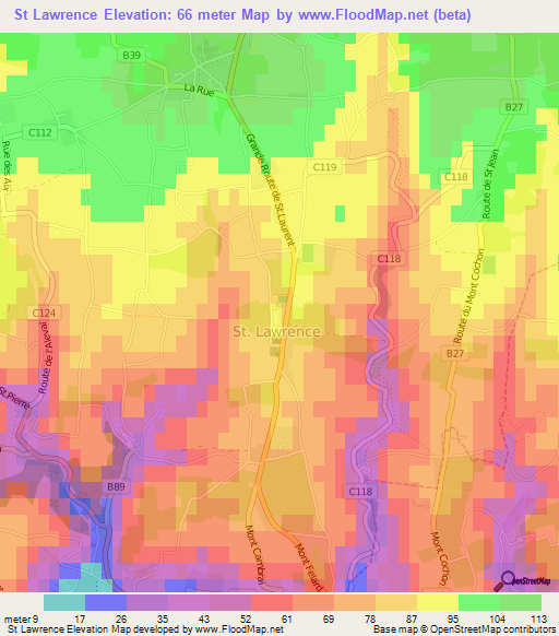 St Lawrence,Jersey Elevation Map
