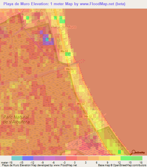 Playa de Muro,Spain Elevation Map