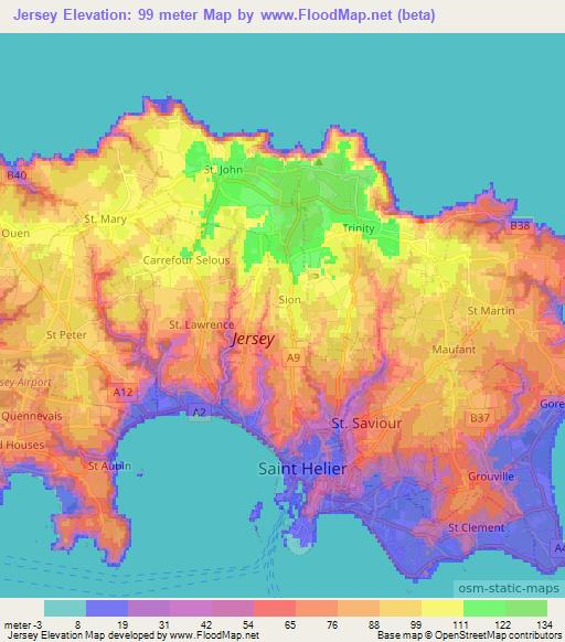 Jersey,Jersey Elevation Map