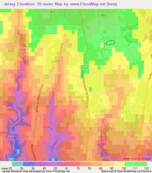Jersey,Jersey Elevation Map