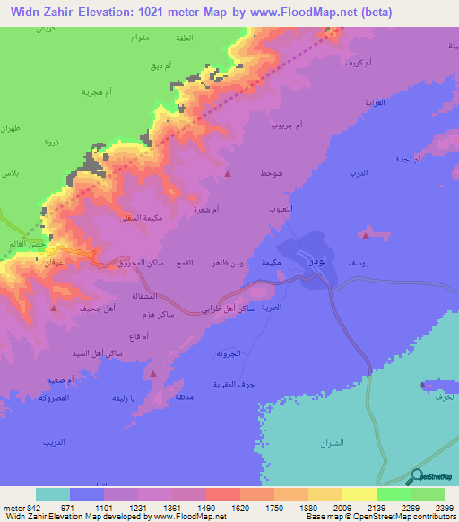 Widn Zahir,Yemen Elevation Map