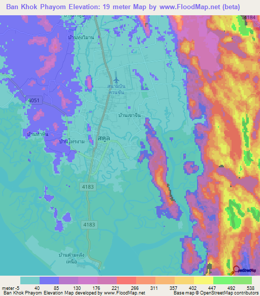 Ban Khok Phayom,Thailand Elevation Map