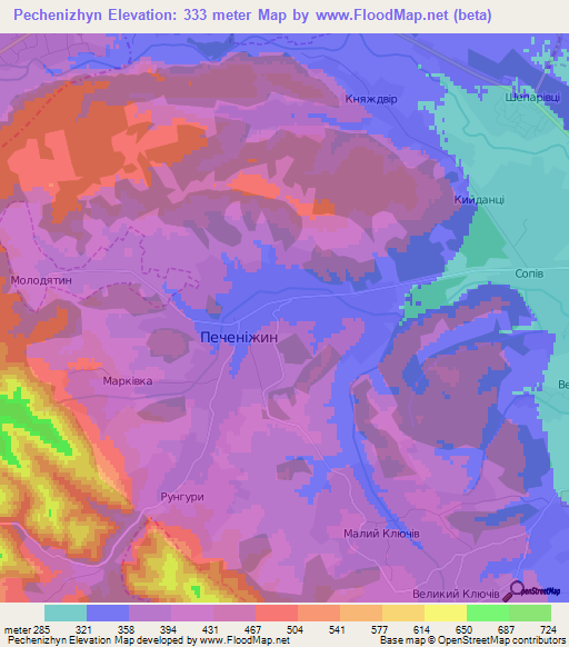 Pechenizhyn,Ukraine Elevation Map