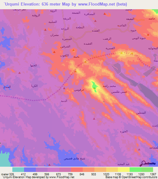 `Urqumi,Yemen Elevation Map