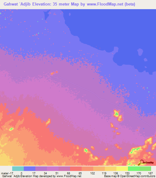 Gahwat `Adjib,Sudan Elevation Map