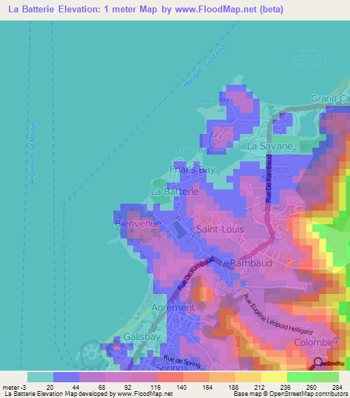 La Batterie,Saint Martin Elevation Map