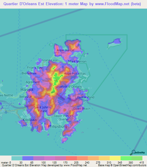 Quartier D'Orleans Est,Saint Martin Elevation Map