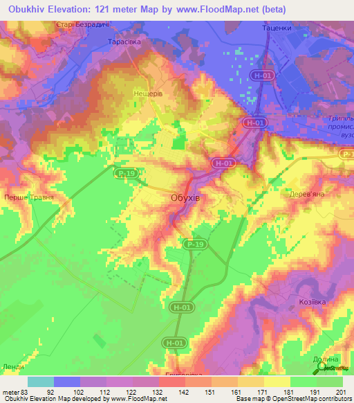 Obukhiv,Ukraine Elevation Map