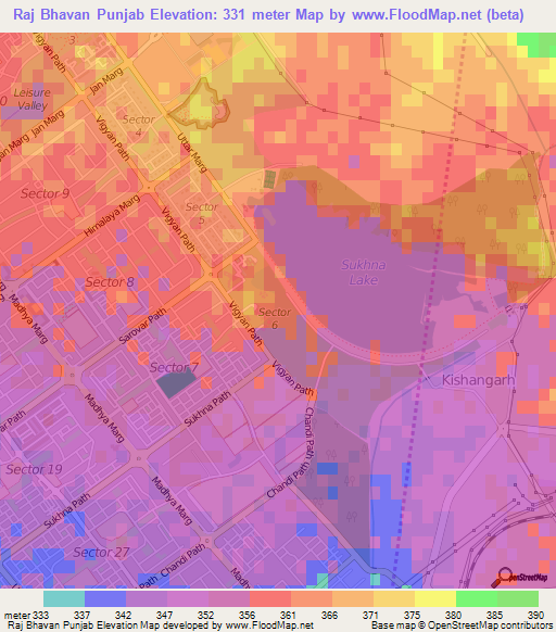 Raj Bhavan Punjab,India Elevation Map