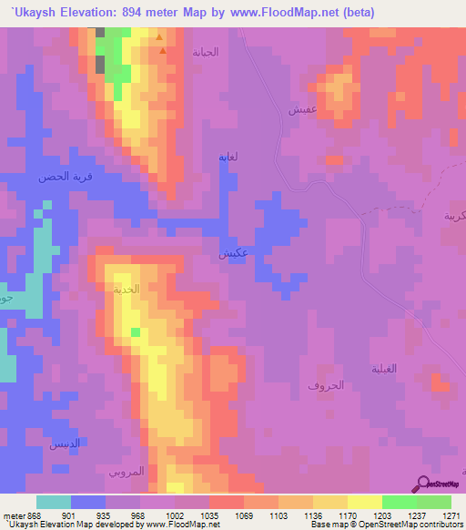 `Ukaysh,Yemen Elevation Map