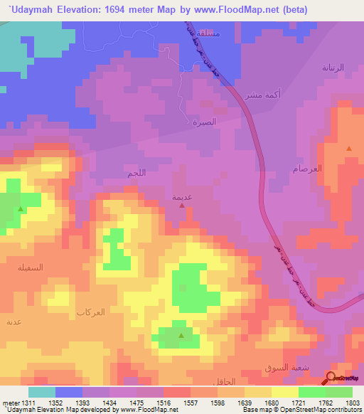 `Udaymah,Yemen Elevation Map