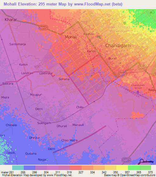 Mohali,India Elevation Map