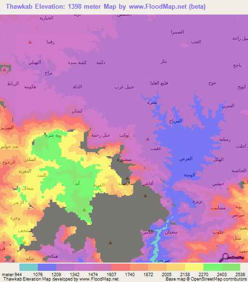 Thawkab,Yemen Elevation Map