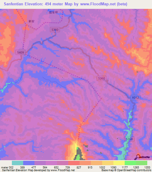 Sanfentian,China Elevation Map