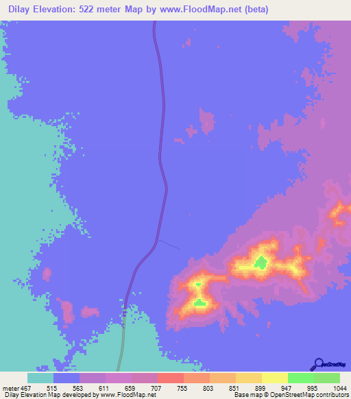 Dilay,Sudan Elevation Map