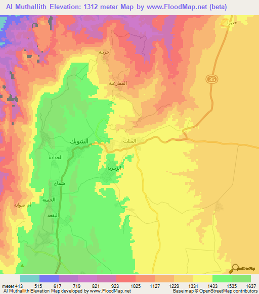Al Muthallith,Jordan Elevation Map