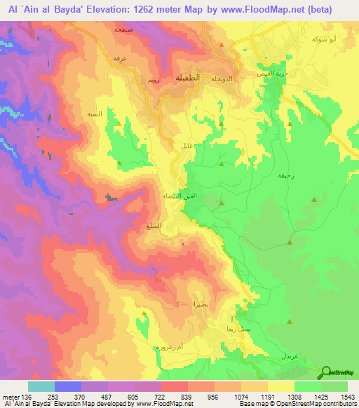 Al `Ain al Bayda',Jordan Elevation Map