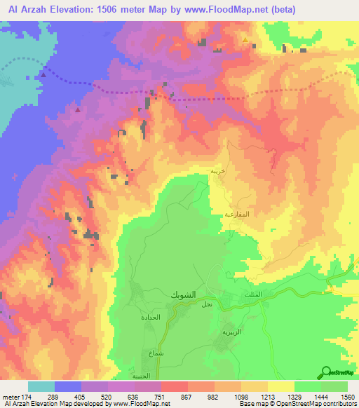 Al Arzah,Jordan Elevation Map