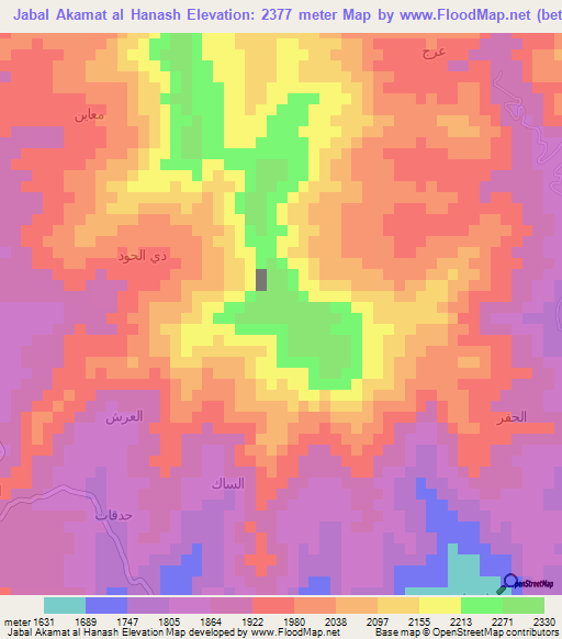 Jabal Akamat al Hanash,Yemen Elevation Map