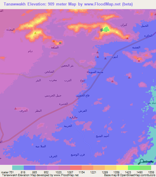 Tanawwakh,Yemen Elevation Map