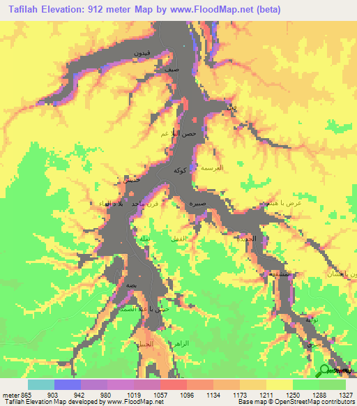 Tafilah,Yemen Elevation Map