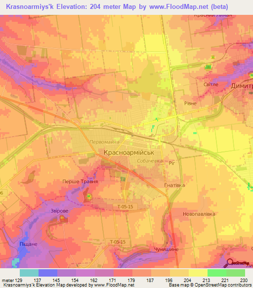 Krasnoarmiys'k,Ukraine Elevation Map