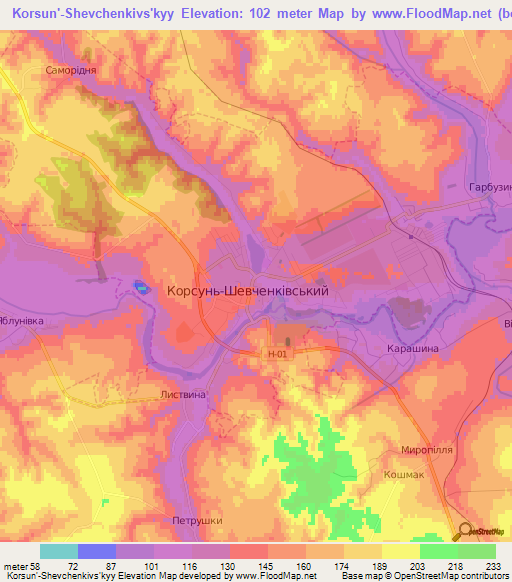 Korsun'-Shevchenkivs'kyy,Ukraine Elevation Map