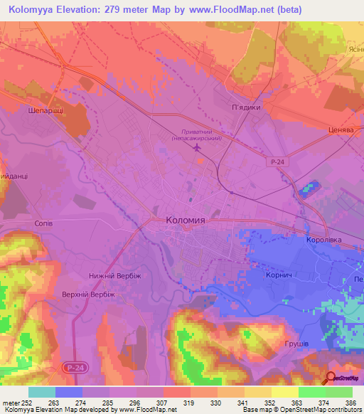 Kolomyya,Ukraine Elevation Map