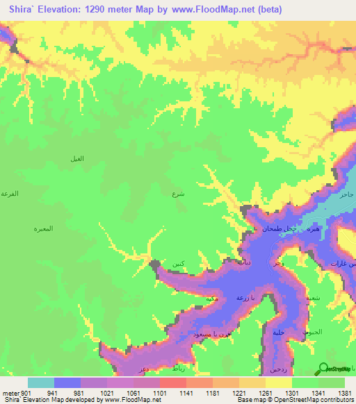 Shira`,Yemen Elevation Map