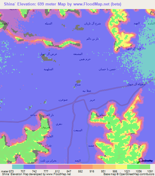 Shina`,Yemen Elevation Map