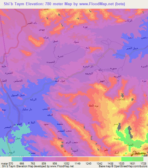Shi`b Taym,Yemen Elevation Map