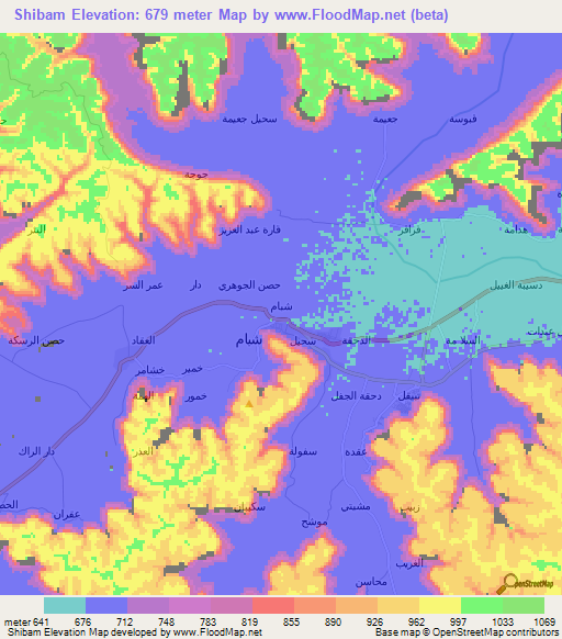 Shibam,Yemen Elevation Map