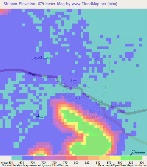 Shibam,Yemen Elevation Map