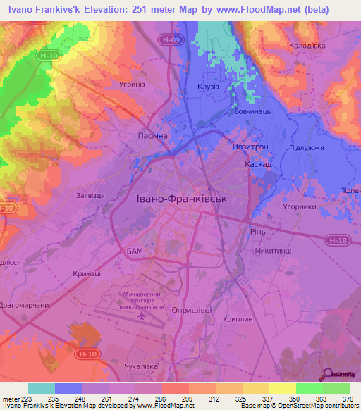 Ivano-Frankivs'k,Ukraine Elevation Map
