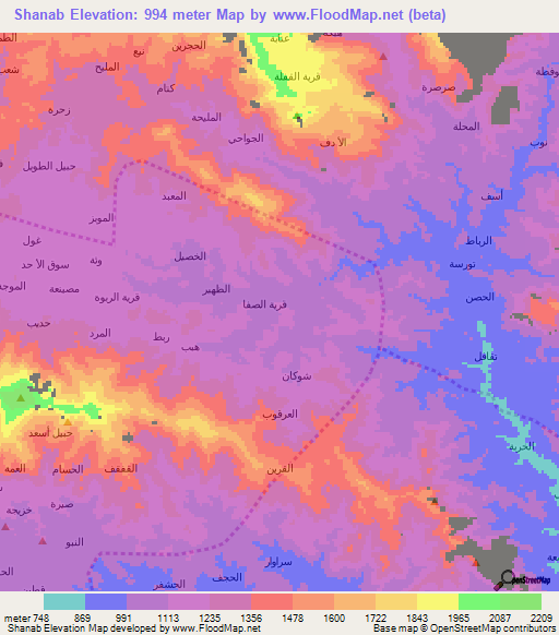 Shanab,Yemen Elevation Map