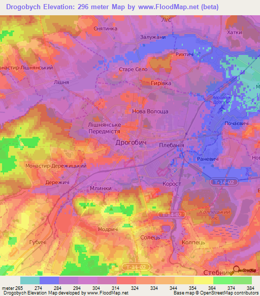 Drogobych,Ukraine Elevation Map
