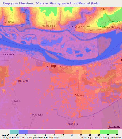 Dnipryany,Ukraine Elevation Map