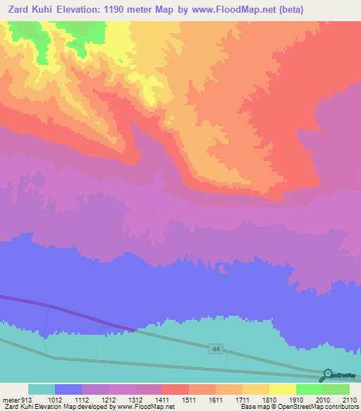 Zard Kuhi,Iran Elevation Map